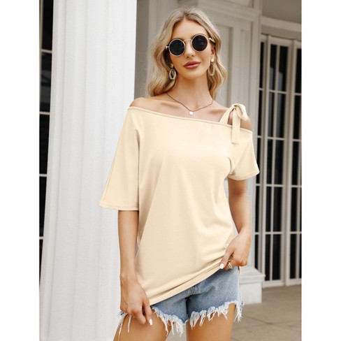 Women s One Off Shoulder Tops Short Sleeve Casual Blouses Summer Solid Color Tie Knot Shirt Target
