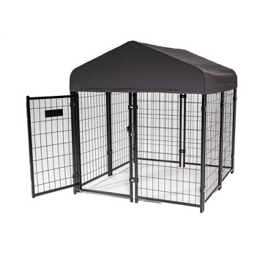 Lucky Dog STAY Series Black Powder Coat Steel Frame Villa Dog Kennel with Waterproof Canopy Roof and Single Gate Door