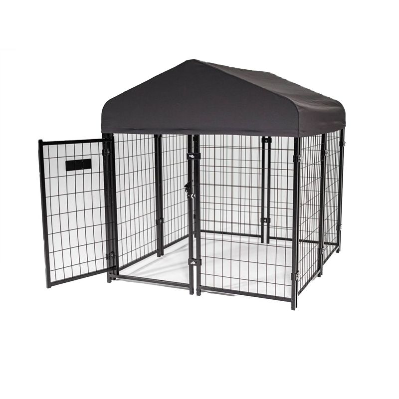 Lucky Dog STAY Series Black Powder Coat Steel Frame Villa Dog Kennel with Waterproof Canopy Roof and Single Gate Door, 1 of 7