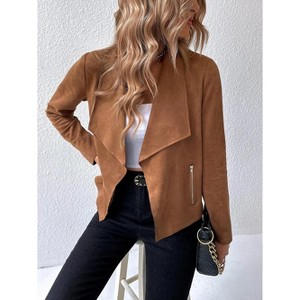 Women Jackets Lapel Long Sleeve Faux Suede Notch Cropped Jacket with Zip Pocket - 1 of 3