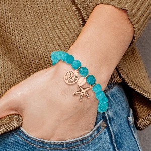Chisel Stainless Steel Antiqued and Polished Rose IP-plated Starfish and Tree of Life 8mm Aqua Dyed Jade Beaded Stretch Bracelet - 1 of 4