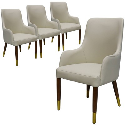 LeisureMod Viva Dining Armchair in Leather Upholstery with Gold Accent Wood Legs for Modern Kitchen and Home, Set of 4