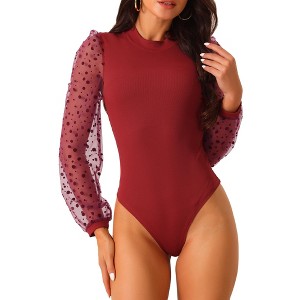 Seta T Women's Mock Neck Polka Dot Mesh Sheer Long Sleeve Slim Fit Ribbed Bodysuits - 1 of 4
