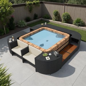Outdoor Patio Rattan Spa Surround Frame Sofa Set with Storage Spaces and Wooden Bench - 1 of 4