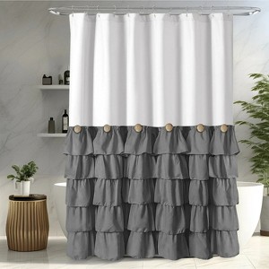 LunaLulinlk White and Gray Farmhouse Shower Curtain with Vintage Buttons Gray Ruffle Shower Curtain 72" x 72" - 1 of 4