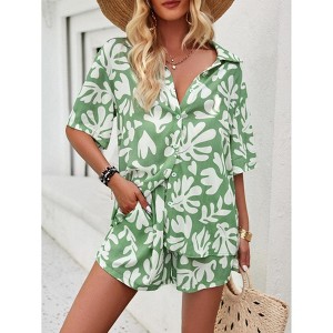Women Summer 2 Piece Sets Printed Short Sleeve Tops Lounge Shorts Beach Vacation Outfits - 1 of 4