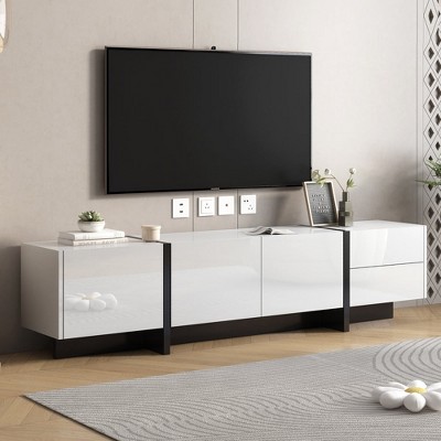 Chic Crate - 80" Mid-Century Media Console - High-Gloss Lacquer Finish w/ Two-Tone Design - Contemporary TV Stand in Ash White & Onyx Black