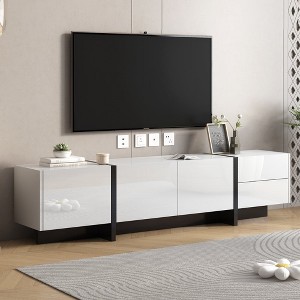 Chic Crate - 80" Mid-Century Media Console - High-Gloss Lacquer Finish w/ Two-Tone Design - Contemporary TV Stand in Ash White & Onyx Black - 1 of 4