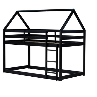 NicBex Twin Over Twin Bunk Bed with Safety Guardrail,House-Shaped Twin Loft Bed with Built-In Ladder,Rubber Wood Bunk Beds for Bedroom