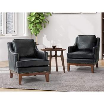 Set of 2 Kasper Vegan Leather Armchair with Apron Design and Solid Wood Legs | KARAT HOME