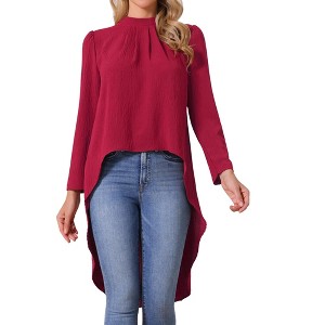 INSPIRE CHIC Women's High Low Long Sleeve Back Keyhole Round Neck Asymmetrical Hem Dressy Casual Blouse - 1 of 4