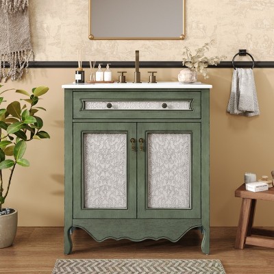 Vintage Bathroom Vanity With Ceramic Sink,Bathroom Storage Cabinet With Tip-Out Tray Drawer,Rubber Wood Legs And Antique Handles -Maison Boucle