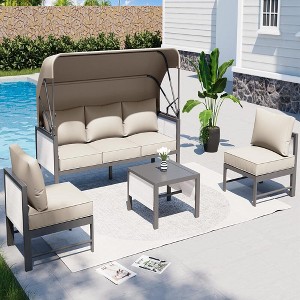 COWLOWN 4 Piece Khaki Modern Aluminum Patio Furniture Set with Retractable Canopy and Coffee Table, Ideal for Yard, Lawn, Porch and Balcony - 1 of 4