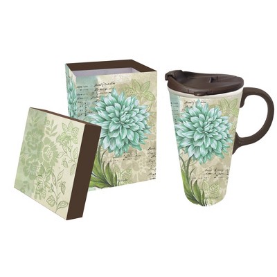 Evergreen Turquoise Dahlia Ceramic Travel Coffee Mug, 17 ounces