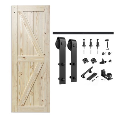 SMARTSTANDARD 80 in. Height K Shape Natural Wood Interior Sliding Barn Door with Hardware Kit