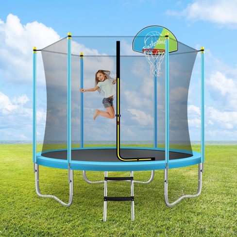 8 Round Backyard Trampoline with Safety Enclosure Harper Bright Designs Pad Color Blue