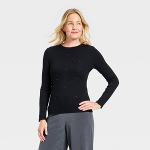 Women's Slim Fit Long Sleeve Embellished Ribbed Top - A New Day™ - 1 of 4