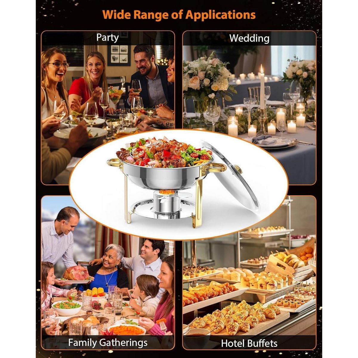4 Pack 5QT Stainless Steel Chafing Dish Buffet Set, Superior Buffet Food Warmer with Lid Holder, Spoon & Tweezers for Catering Party Banquet, Sliver - thumbnail 8