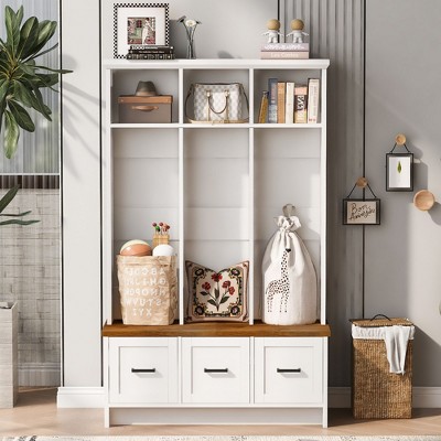 CAVINAS Hall Tree with Shoe Bench Modern Coat Rack with Top Shelves and Storage Drawers for Entryway