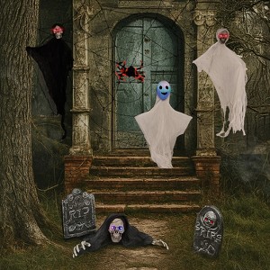 Outdoor Halloween Decorations 8-Piece Set, Hanging Ghosts Decor and Cobweb and Gravestone with Lighted Up Eyes, Scary Ghost Flying for Yard Patio - 1 of 4