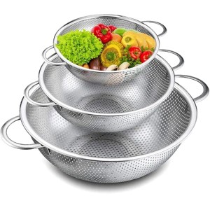 Colander Set of 3, Stainless Steel Micro-Perforated Colanders Strainers for Draining Rinsing Washing, Ideal for Pasta Vegetables Fruits, Heavy Duty - 1 of 4