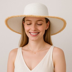 Anna-Kaci Wide Brim Straw Floppy Hat with Frayed Edges Lightweight Sun Protection for Beach Vacation Outdoor Travel Style - 1 of 4