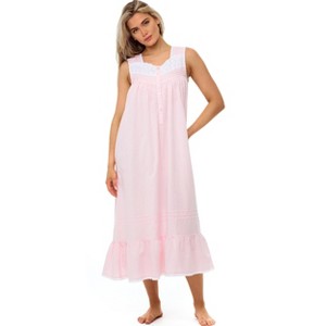 ADR Women's Cotton Nightgown, Sleeveless Lace Trimmed Button Up Long Vintage Night Dress Gown - 1 of 4