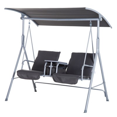 Gray Metal 2-Person Outdoor Swing with Canopy and Cushions