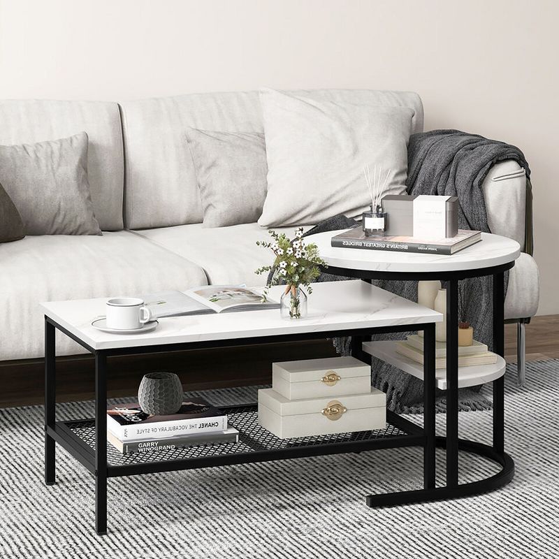 Tangkula Nesting Coffee Table Set of 2 Faux Marble Top Detachable w/ Storage Shelf, 4 of 11