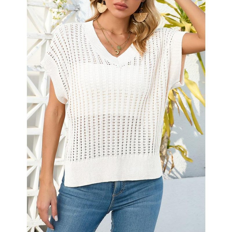 Whizmax Womens V Neck Summer Pullover Sweater Vests Cap Sleeve Tops Casual Loose Fit Lightweight Knit Vest Tops, 4 of 7