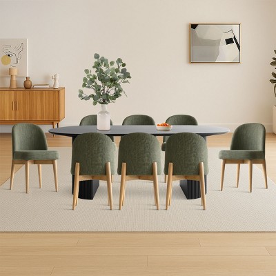 9-Piece Oval Dining Table Set, 79'' Pedestal Table with 8 Upholstered Linen Fabric Chairs, Modern Dining Room Furniture for 8-Maison Boucle
