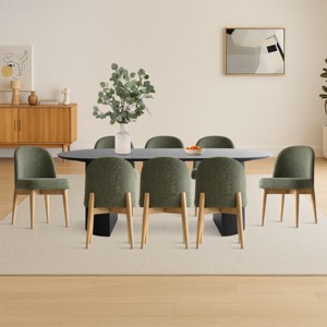 9-Piece Oval Dining Table Set, 79'' Pedestal Table with 8 Upholstered Linen Fabric Chairs, Modern Dining Room Furniture for 8-Maison Boucle - 1 of 4