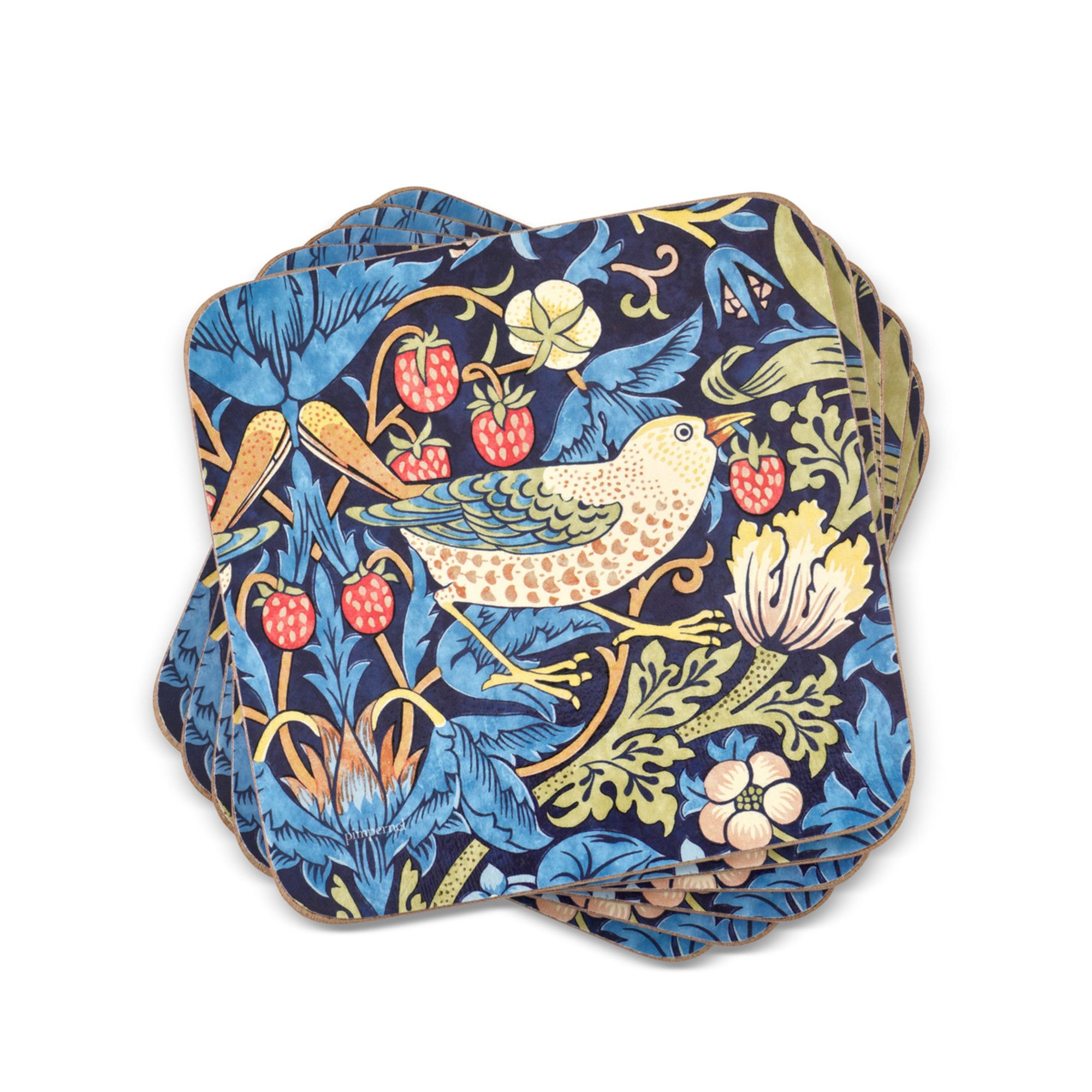 Pimpernel Morris & Co Strawberry Thief Blue Coasters, Set of 6, Heat & Stain Resistant Drink Mats Birds Botanical Design