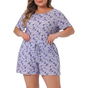Agnes Orinda Women's Plus Size Ribbed Floral Printed Short Sleeve Pajamas Sets