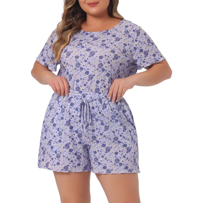 Agnes Orinda Women's Plus Size Ribbed Floral Printed Short Sleeve Pajamas Sets, 1 of 5