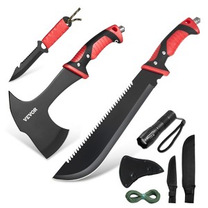 VEVOR Camping Hatchet and Machete Knife Set with Sheath, Hunting Knife, Flashlight, Paracord, 16 inch Machete, Stainless Steel Axe Tool Set,Black&Red - 1 of 4