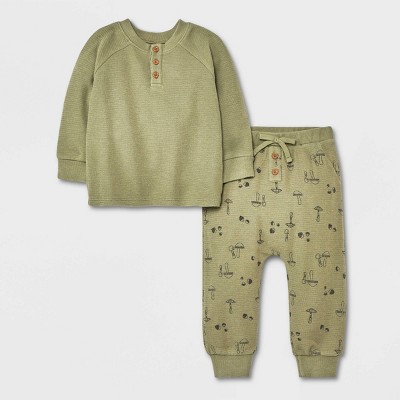 Grayson Collective Baby Boys' Ponte Henley Top & Jogger Pants Set - Olive Green Newborn