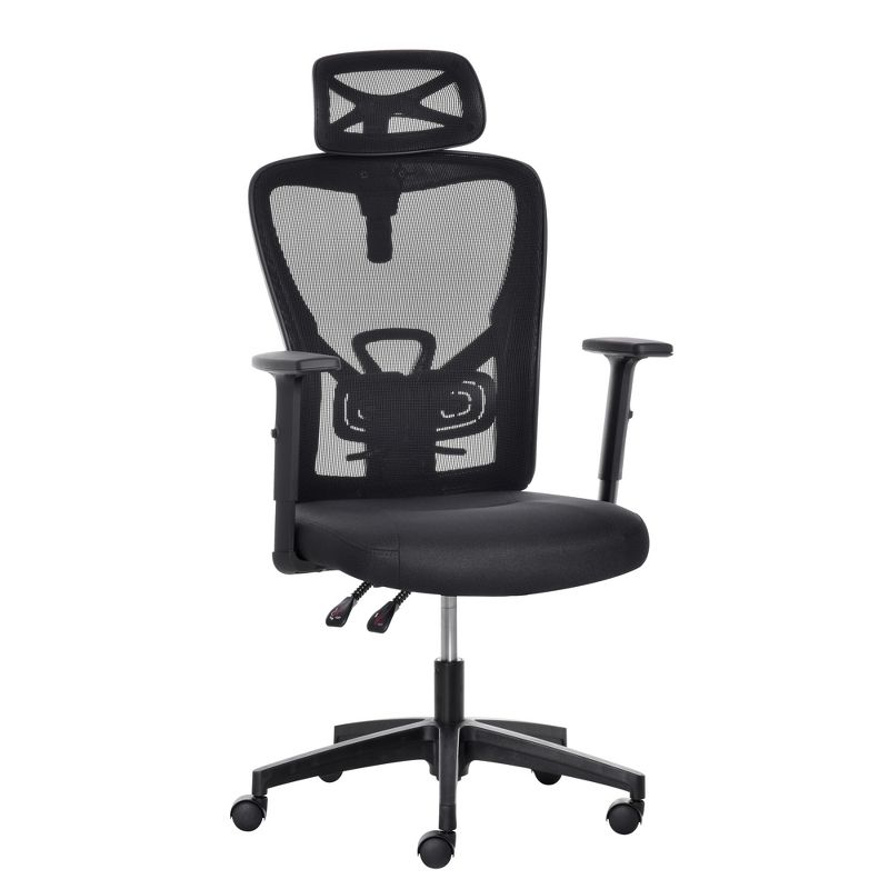Vinsetto High Back Ergonomic Home Office Chair, Mesh Task Chair with Lumbar Back Support, Reclining Function, Adjustable Headrest, Arms, Black, 1 of 9