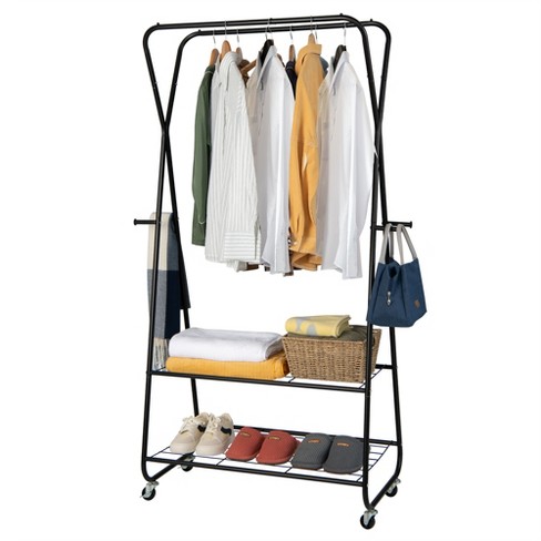 Steel Coat Rack, Heavy Duty Garment Rack with Wheels, Single-Rail Clothes  Stand with 5 Hooks and Metal Shelf, for Porch, Living Room, Bedroom