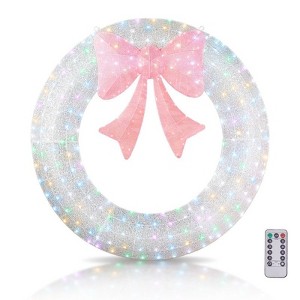 Karl Home 60 inch Pre-lit Sliver Christmas Wreath with Pink Bow Multi-Color Modes - 1 of 4