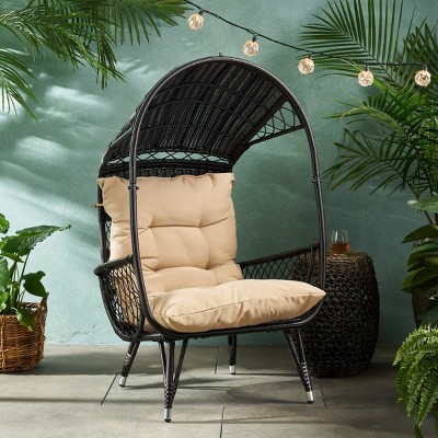 Coolbibila Rattan Standing Basket Chair With Fabric Cushion,Faux Rattan Outdoor Patio Lounge Chair,Wicker Stationary Patio Arm Egg Chair