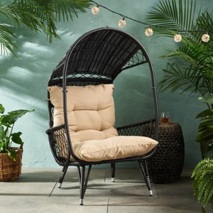 Coolbibila Rattan Standing Basket Chair With Fabric Cushion,Faux Rattan Outdoor Patio Lounge Chair,Wicker Stationary Patio Arm Egg Chair - 1 of 4