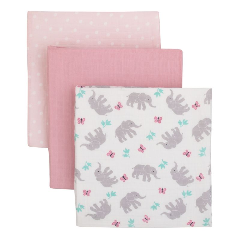 Carter's Floral Elephant Pink and White Butterfly and Polka Dot 100% Cotton 44" x 44" 3 Pack Muslin Swaddle Blanket, 1 of 6