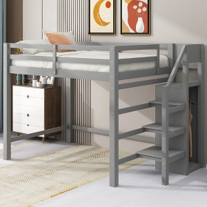 XIYUYEU Full Size Loft Bed Pine Bed Frame with Wardrobe, Stairs and Guardrail, Gray - 1 of 4