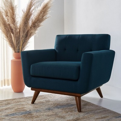 Opal Linen Tufted Accent Chair in Dark Teal with Wooden Legs