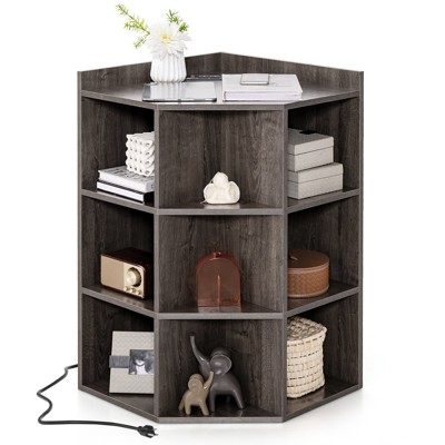 Tangkula 3-Tier Corner Cabinet with Charging Station Wooden Open Corner Bookshelf w/ 9 Cubbies 2 USB Ports & 4 Outlets Fits Small Spaces Grey/White