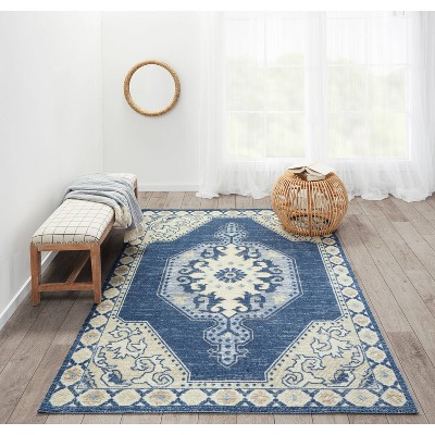 Navy Blue Wool Blend Medallion Area Rug, 7'9" x 9'10"
