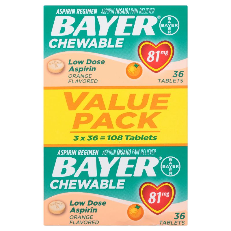 Bayer Low Dose Aspirin 81mg Pain Reliever Chewable Tablets - Aspirin (NSAID) - Orange Flavor - 108ct, 1 of 8