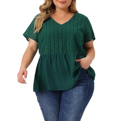 Agnes Orinda Women's Plus Size Contrast Panel V Neck Elastic Back Short  Sleeve Blouses Dark Green 2x : Target