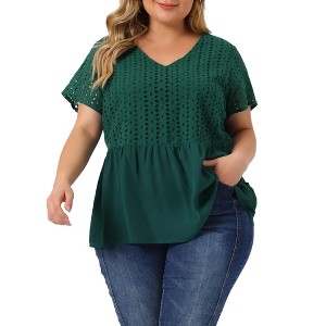 Agnes Orinda Women's Plus Size Contrast Panel Eyelet V Neck Elastic Back Short Sleeve Blouses - 1 of 4